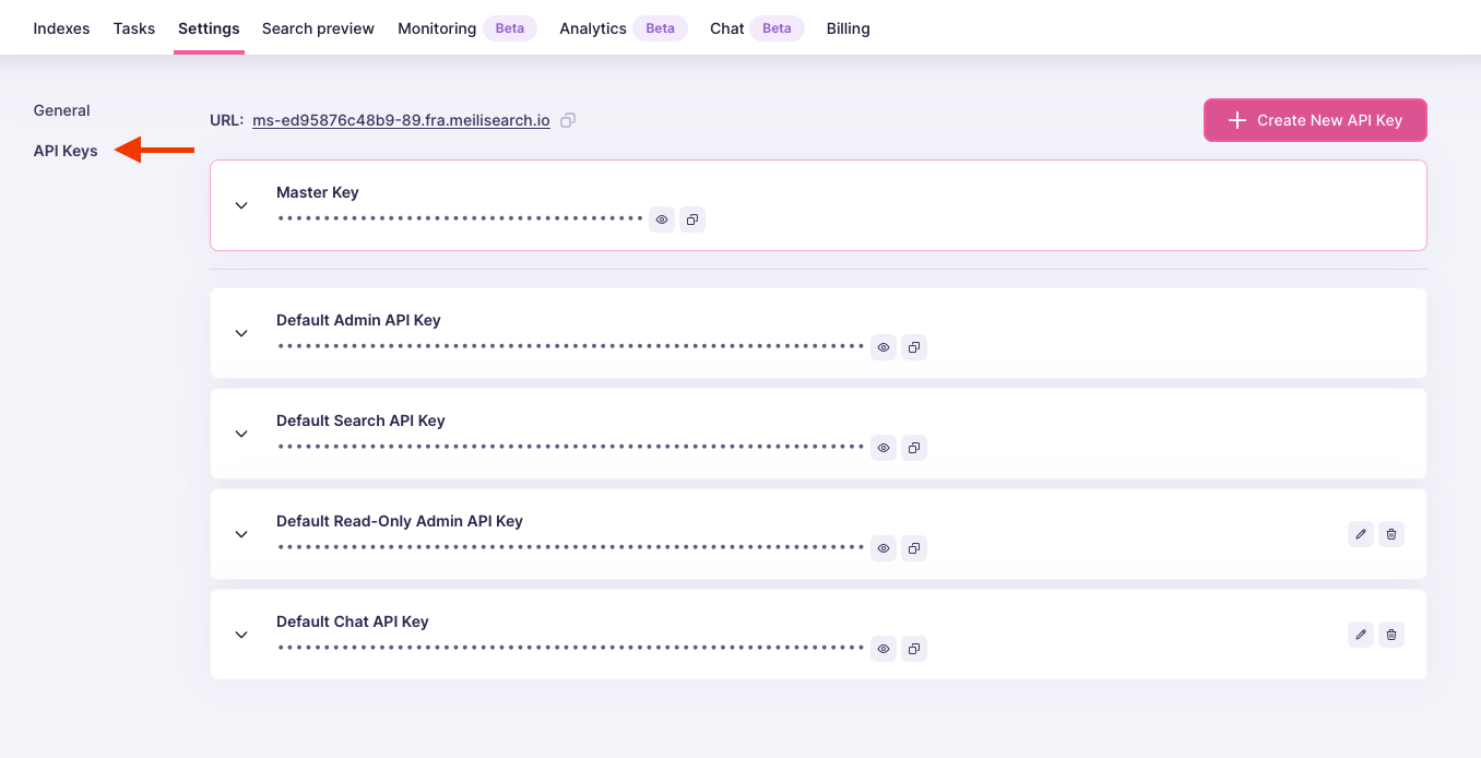 An interface element named 'API keys' showing obscured security keys including: 'Master key', 'Default Search API Key', and 'Default Admin API Key'